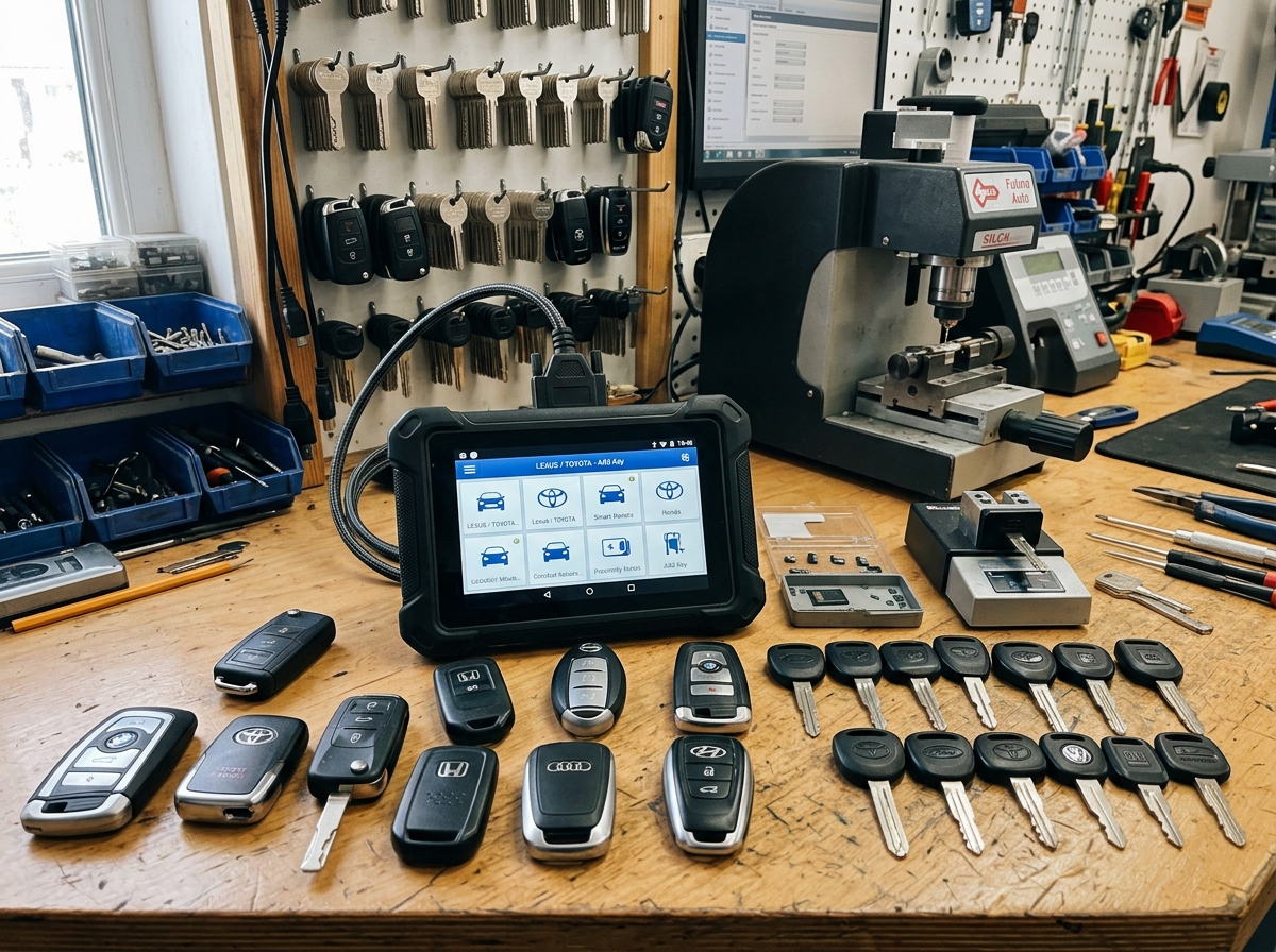 Automotive locksmith cutting car keys and programming fobs on location