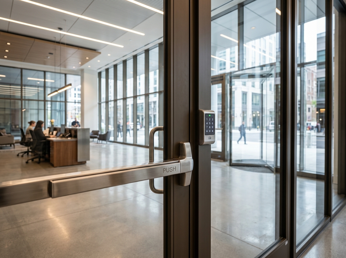 Commercial storefront panic bar and access lock installation