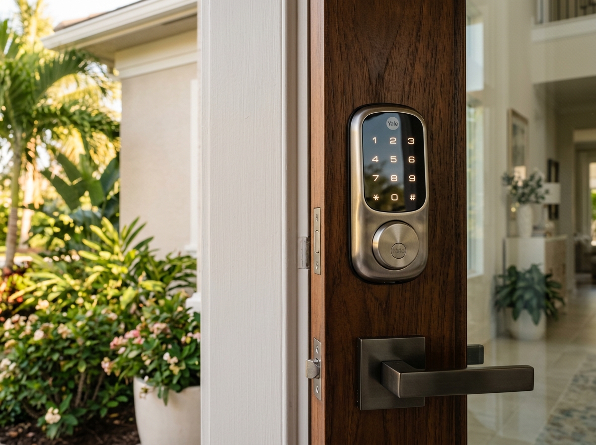 Technician inspecting door lock hardware in Orlando